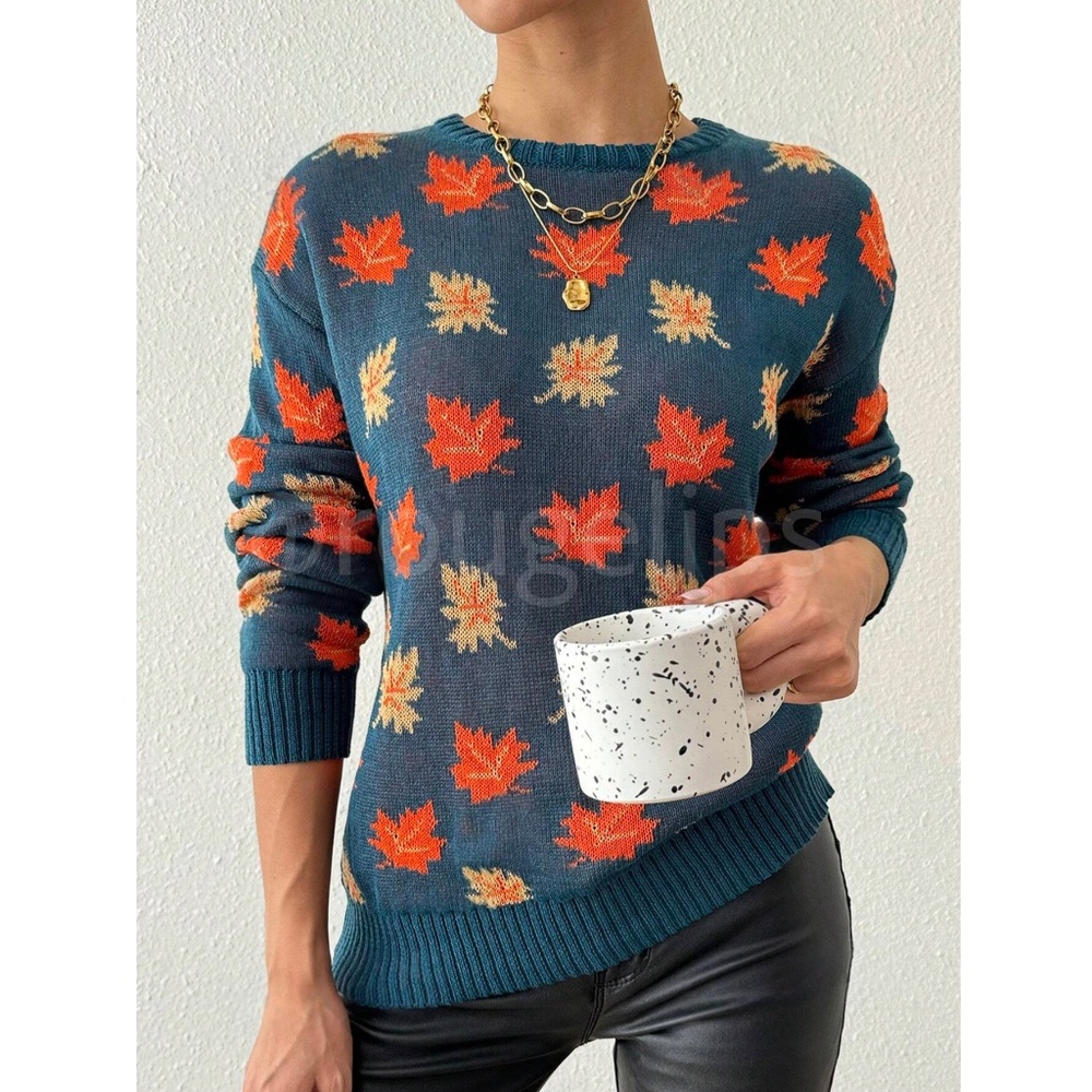 Leaf Print Knit Sweater Pullover for Fall Autumn Dark Teal/Green